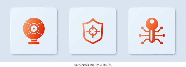 Set Shield, Security camera and Smart key. White square button. Vector