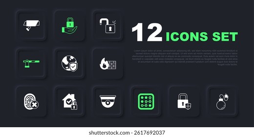 Set Shield security with lock, Bomb, world globe, Graphic password protection, Parking car barrier, House under, Lock and Security camera icon. Vector