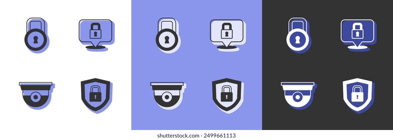 Set Shield security with lock, Lock, Security camera and  icon. Vector