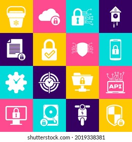 Set Shield security with lock, Computer api interface, Smartphone, Cyber, Lock and check mark and Document icon. Vector
