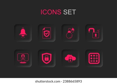 Establecer la seguridad de Escudo con bloqueo, blindaje de contrato, campana de alarma, computación en nube, candado abierto, protección de contraseña gráfica, icono Bomba y bloqueo. Vector