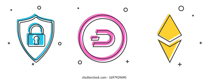 Set Shield security with lock, Cryptocurrency coin Dash and Cryptocurrency coin Ethereum ETH icon. Vector