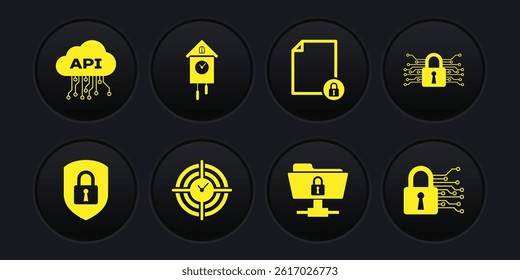 Set Shield security with lock, Cyber, Time Management, FTP folder and, Document and Retro wall watch icon. Vector
