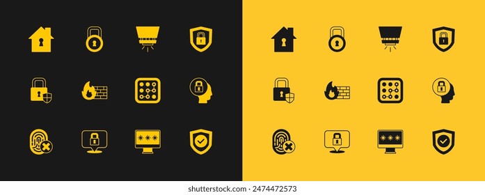 Set Shield security with lock, Lock, Graphic password protection, Monitor, Firewall, wall, sprinkler system, House under and  icon. Vector