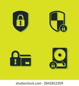 Set Shield security with lock, Hard disk drive and, Credit card and  icon. Vector