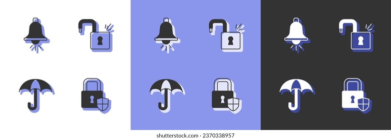 Set Shield security with lock, Ringing alarm bell, Umbrella and Open padlock icon. Vector