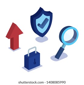 set of shield security with magnifying glass and padlock