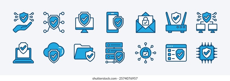 Set of shield security protection technology icon vector. Safety, secure, protect symbol. Containing cloud computing, server, big data storage, device, website, message, chips, cyber, encryption