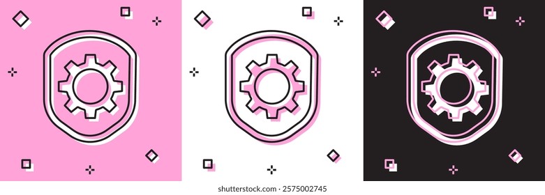 Set Shield with settings gear icon isolated on pink and white, black background. Adjusting, service, maintenance, repair, fixing.  Vector Illustration