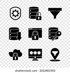 Set Shield with settings gear, Server security lock, Sales funnel, Cloud computing, Monitor password, Location sales, Server, Data, Web Hosting and Secure your site HTTPS, SSL icon. Vector