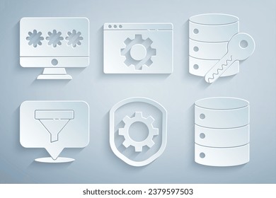 Set Shield with settings gear, Server security key, Location sales funnel, Server, Data, Web Hosting, Browser and Monitor password icon. Vector