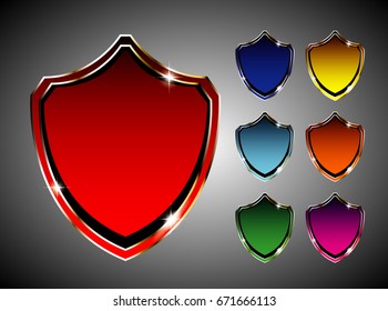 Set of shield shaped backgrounds with a gold frame, with space for your text. Vector illustration.