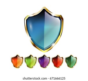 Set of shield shaped backgrounds with a gold frame, with space for your text. Vector illustration.