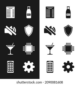 Set Shield, Speaker mute, Papel o cheque financiero, Leche y tapa de botella de vidrio, Martini glass y Procesador con icono de CPU. Vector