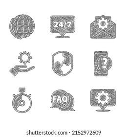 Set Shield, Speech bubble with FAQ, Location gear, Mobile phone question, Stopwatch, Settings in the hand, Envelope setting and Telephone 24 hours support icon. Vector