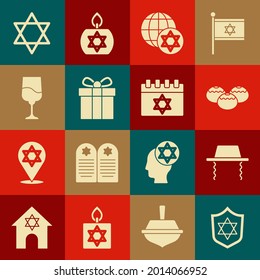 Set Shield with Star of David, Orthodox jewish hat, Jewish sweet bakery, World Globe and Israel, Gift box, goblet,  and calendar icon. Vector