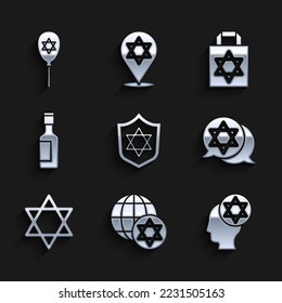 Set Shield with Star of David, World Globe and Israel, Orthodox jewish hat, Jewish wine bottle, Shopping bag star david and Balloon icon. Vector