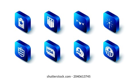 Set Shield with stars, Carnival garland flags, Firework, Medal, USA Independence day, on browser,  and  icon. Vector