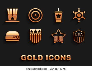 Set Shield with stars, Hexagram sheriff, USA Independence day, Burger, Paper glass straw, Patriotic American top hat and shield icon. Vector