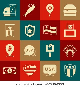 Set Shield with stars, Indian headdress feathers, Vote box, Balloons, American flag, Burger and  icon. Vector