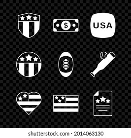 Set Shield with stars, Stacks paper money cash, USA Independence day, American flag, Declaration of independence, Medal and Football ball icon. Vector