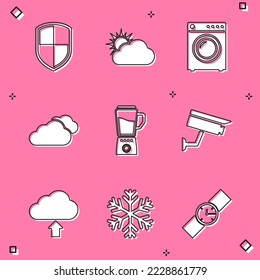 Set Shield, Sun and cloud weather, Washer, Cloud, Blender and Security camera icon. Vector