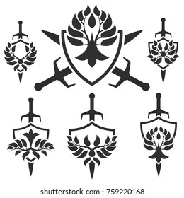 Set of shield and sword icon with leaves. Shield and sword emblem.
