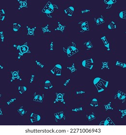Set Shield with swords, Castle tower, Viking in horned helmet and Medieval on seamless pattern. Vector