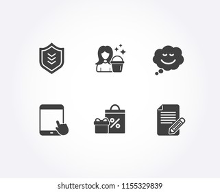 Set of Shield, Tablet pc and Shopping icons. Cleaning, Speech bubble and Article signs. Protection or security, Touchscreen gadget, Gifts and sales. Maid service, Comic chat, Feedback. Vector