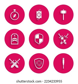 Set Shield, Target sport, Baseball bat, Medieval shield with crossed swords, Crossed medieval, Chevron, Battle hammer and Compass icon. Vector