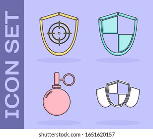 Set Shield, Target sport, Hand grenade and Shield icon. Vector