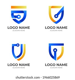 set shield tech logo, shield and technology, combination logo with 3d blue and yellow color style