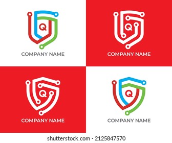 Set of Shield Technology Logo icon symbol with Letter Q. Vector logo template