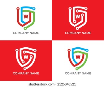 Símbolo de icono del conjunto de tecnología de escudo con la plantilla de logotipo del vector carta W.