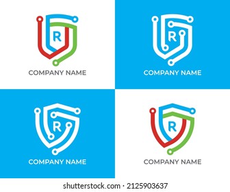 Símbolo del logotipo del conjunto de tecnología de escudo con letra R. Plantilla de logotipo del vector