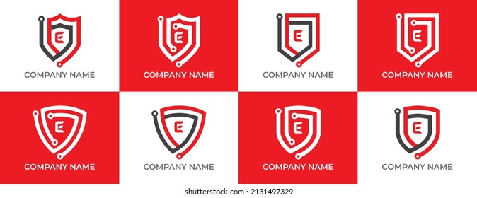 Set of Shield Technology Logo icon symbol with Letter E. Vector logo template