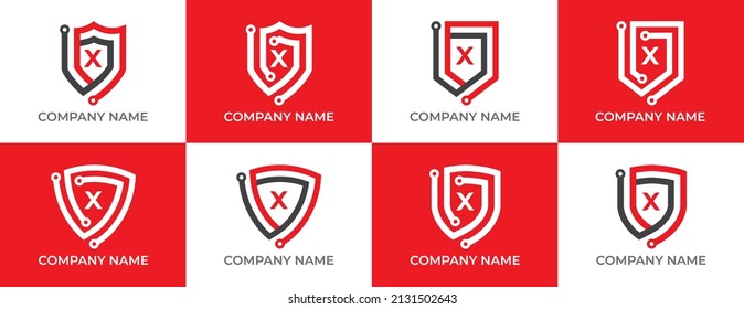 Set of Shield Technology Logo icon symbol with Letter X. Vector logo template