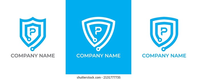 Set of Shield Technology Logo icon symbol with Letter P. Vector logo template