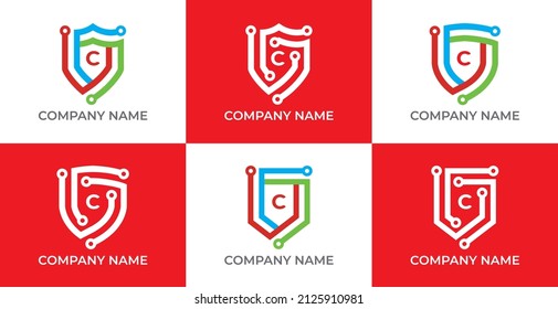 Set of Shield Technology Logo symbol with Letter C. Vector logo template