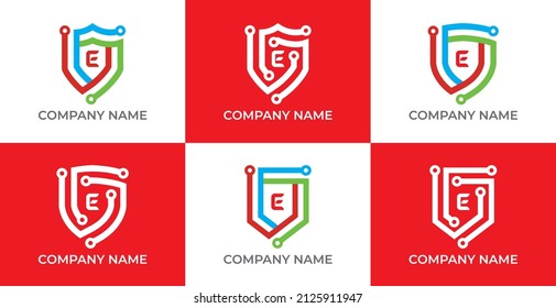 Set of Shield Technology Logo symbol with Letter E. Vector logo template