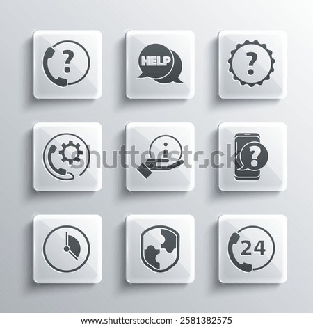 Set Shield, Telephone 24 hours support, Mobile with question, Information, Time Management,  and Question mark icon. Vector