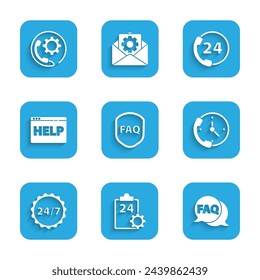 Set Shield with text FAQ, Checklist 24 hours service, Speech bubble, Telephone support, Clock, Browser help,  and  icon. Vector - Powered by Shutterstock - Get 15% off with code: PIKWIZARD15