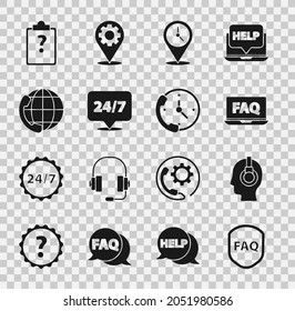 Set Shield with text FAQ, Support operator in touch, Laptop and, Location clock, Clock 24 hours, Telephone support, Clipboard question marks and  icon. Vector