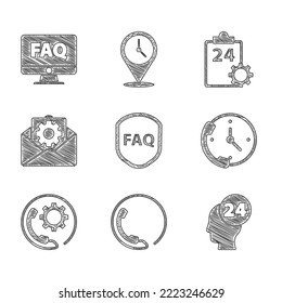 Set Shield with text FAQ, Telephone 24 hours support, Support operator in touch, Envelope setting, Checklist service and Computer monitor and icon. Vector