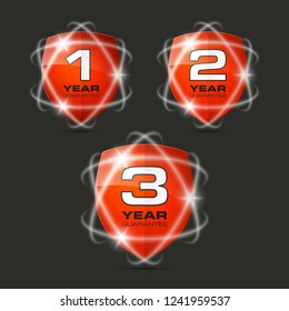 Set shield text guarantee one, two, three year icon. Warranty 1, 2, 3 year Label obligations. Safeguard shield sign. Protect promise reliability badge. Security guaranteed one, two, three year shield