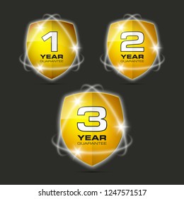 Set shield text guarantee one, two, three year icon. Warranty 1, 2, 3 year Label obligations. Safeguard shield sign. Protect promise reliability badge. Security guaranteed one, two, three year shield