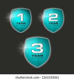 Set shield text guarantee one, two, three year icon. Warranty 1, 2, 3 year Label obligations. Safeguard shield sign. Protect promise reliability badge. Security guaranteed one, two, three year shield