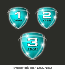 Set shield text guarantee one, two, three year icon. Warranty 1, 2, 3 year Label obligations. Safeguard shield sign. Protect promise reliability badge. Security guaranteed one, two, three year shield