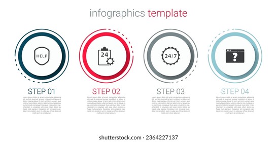 Set Shield with text Help, Checklist 24 hours service, Clock and Browser question mark. Business infographic template. Vector