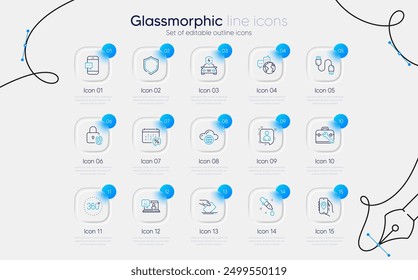 Set of Shield, Tool case and World communication line icons for web app. Smile, Car charging, Voting ballot icons. Fingerprint lock, Location app, Chemistry pipette signs. Charging cable. Vector